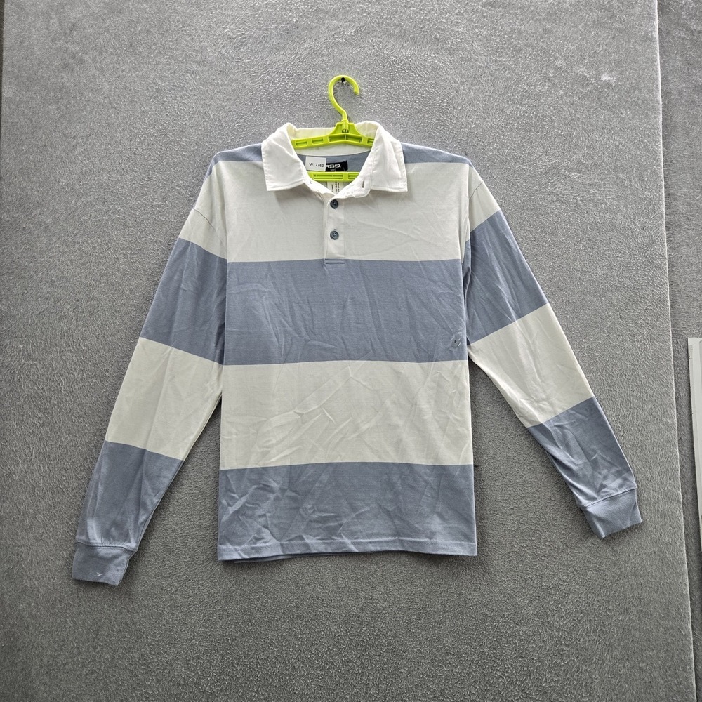 RSQ Men Polo L Blue Striped Rugby Shirt Button Long Sleeve‎ NWT